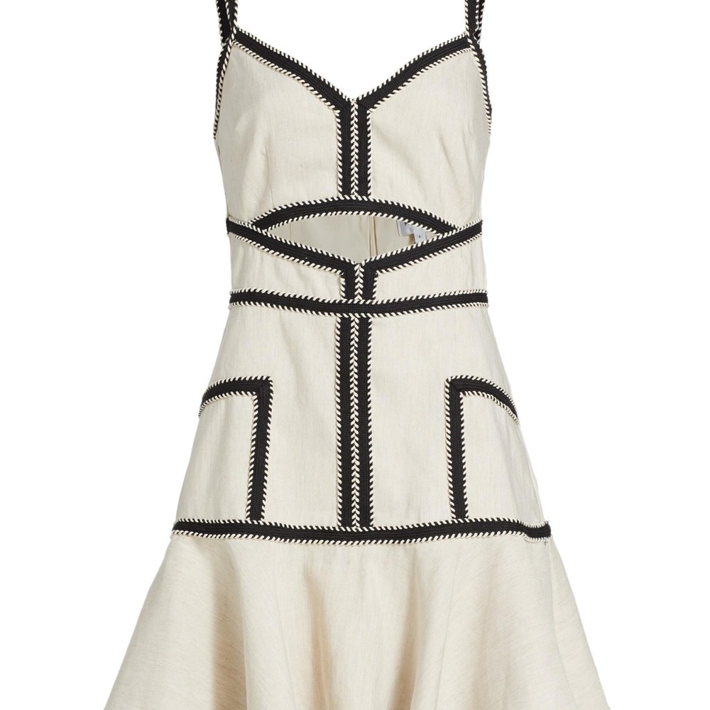 MILLY CHARLOTTE LINEN PIPPED NATURAL/BLACK TRIM MINI DRESS SIZE 8 $395